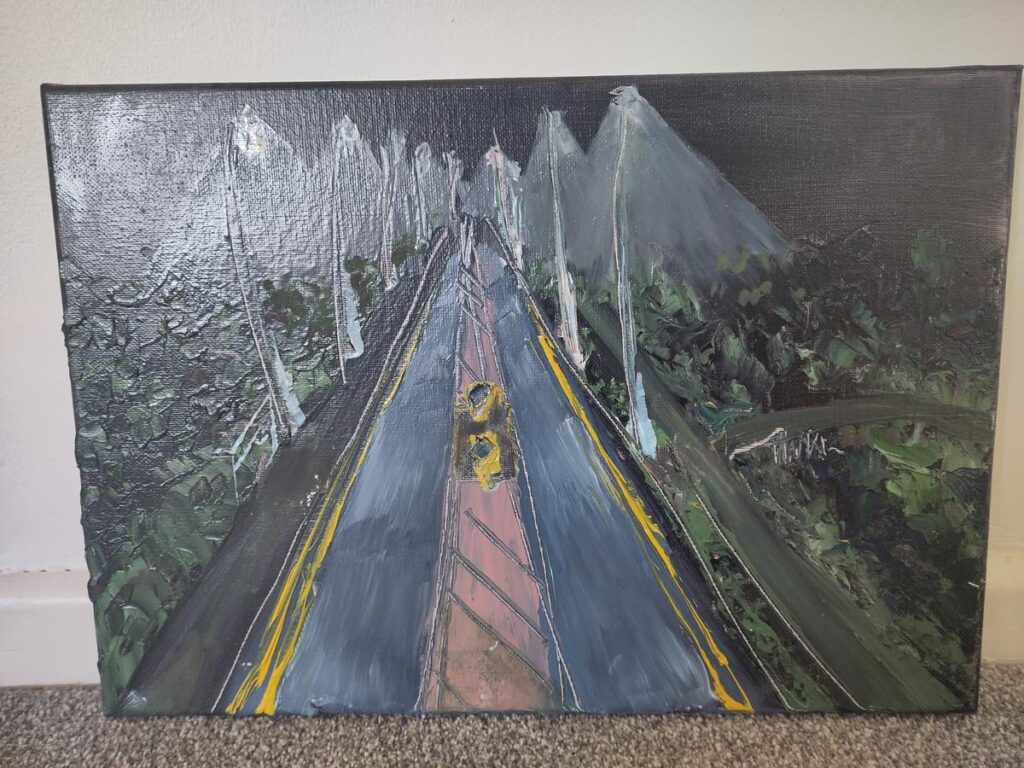 a not very good painting of penglais hill in the mist